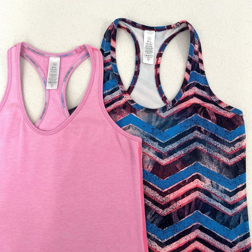 2 Ivivva KeepUrCool Racer Racerback Tank Pink Blue Zig Zag Lululemon Girl 14 Lot